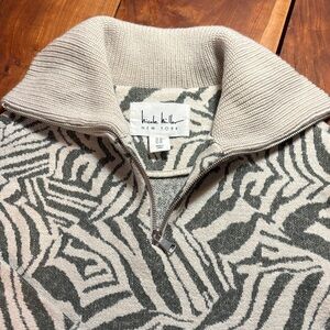 Nicole Miller Animal Print 1/4 Zip Wool Sweater w/Pockets XS Cozy Chic Relaxed